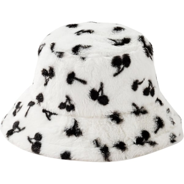 Fuzzy Bucket Hat for Kvinner og Menn - Plysj, Fluffy, Vintervarm, Morsom Fiskehatt Cherries-white