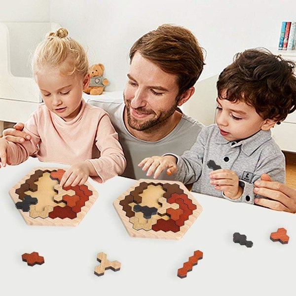 Trähexagonpussel för barn och vuxna, färgglada formpusselblock Tangram Brain Teaser Toy Geometry Logic IQ-spel Present för barn i alla åldrar
