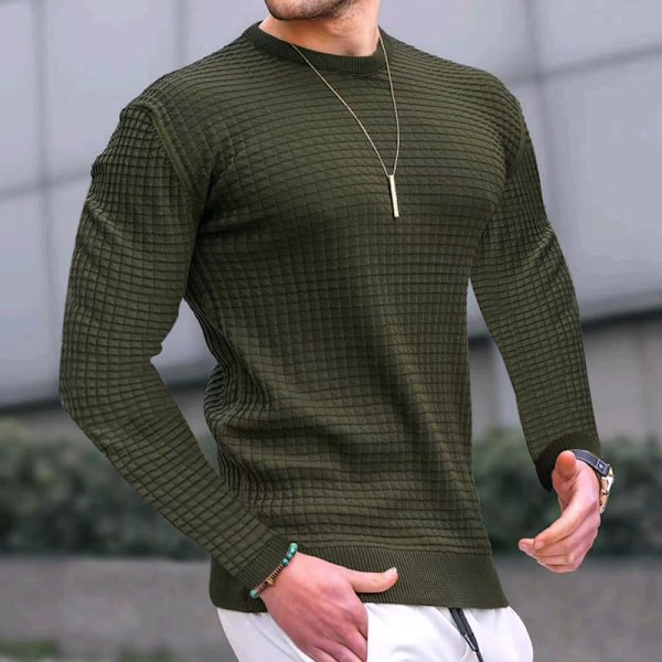 Vårvaffel herre rund hals pullover trend sport fritid løs strikket langermet genser Green M