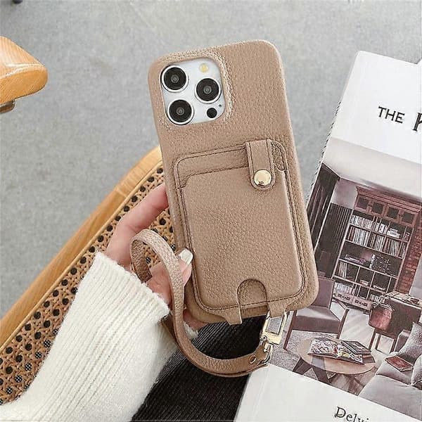 Fodral för iPhone 16 Pro Max, multifunktionella kortfack, läderbaksida med handledsrem Light Brown