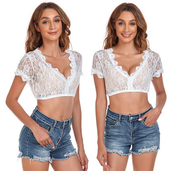 2023 Nye opgraderede Dirndl-bluser, Elegant Dirndl-bluse til kvinder med blonder, kortærmet traditionel bluse til Oktoberfest, Klassisk Oktoberfest White  short sleeve 36