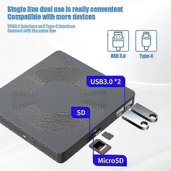Ekstern CD DVD RW-stasjon USB C-kompatibel med bærbar PC, stasjonær PC, inkluderer SD TF-kortleser optisk stasjon