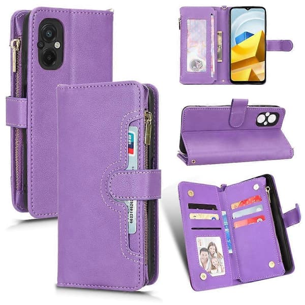För Xiaomi Poco M5 Läderfodral med dragkedja och litchi-textur Purple