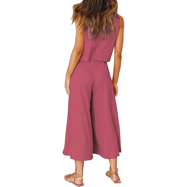 Roylamp Women's Summer 2-delade outfits Rundhalsad Crop Basic Top Beskuren Byxa Set med vida ben Jumpsuits Dark Fuchsia Medium