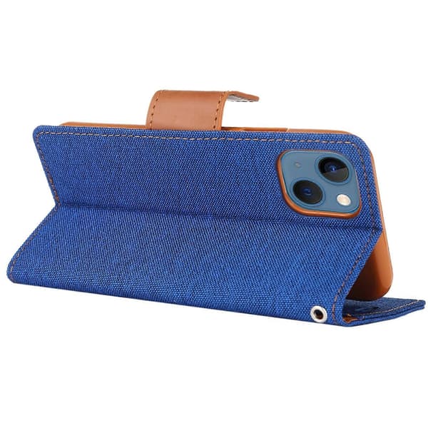 Til iPhone 14 Plus GOOSPERY CANVAS DIARY Lærredstekstur Flip Læder Telefon Cover Blue