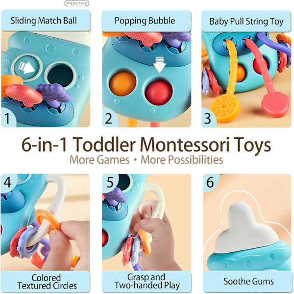 Baby Sensorisk Montessori Legetøj til 6-12-18 Måneders Babyer, Fødevaregodkendt Silikone Trækstreng Tandrelegetøj, Sensorisk Aktivitetslegetøj Bottle-Blue