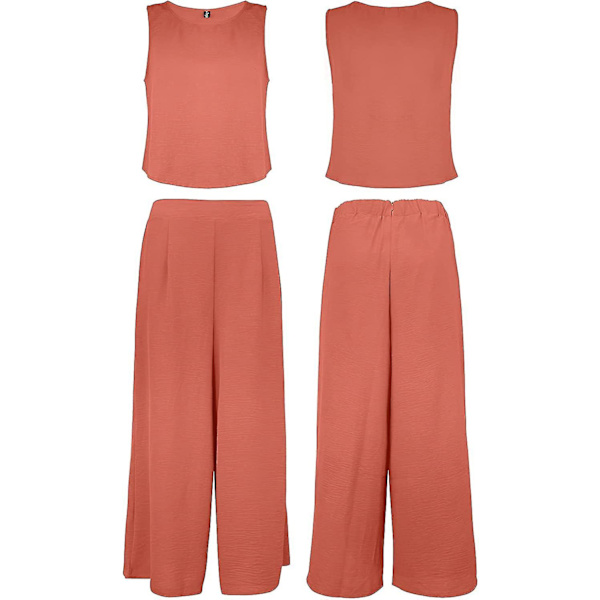 Roylamp Sommer-outfits til kvinder i 2 dele Rundhalset Crop Basic Top Beskåret Bukser med brede ben, Jumpsuits Orange Small