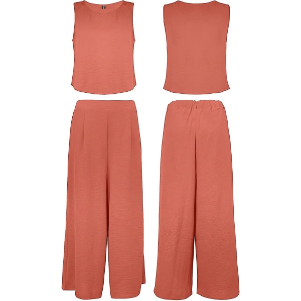Roylamp Sommer-outfits til kvinder i 2 dele Rundhalset Crop Basic Top Beskåret Bukser med brede ben, Jumpsuits Orange X-Small