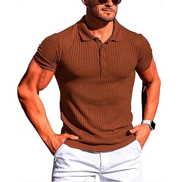 Herre sommer sports fitness fritid elastisk revers lodret stribet kortærmet POLO skjorte mænd Brown M