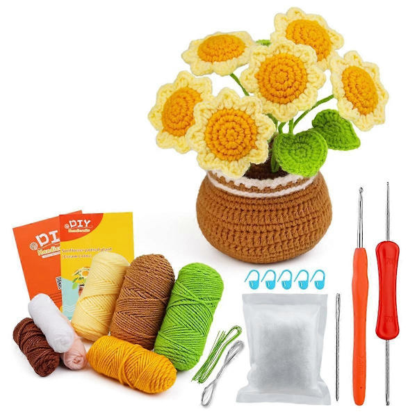 Komplett virkningskit för nybörjare, DIY solros virkningskit med stickmarkörer Lätt garnboll As Shown