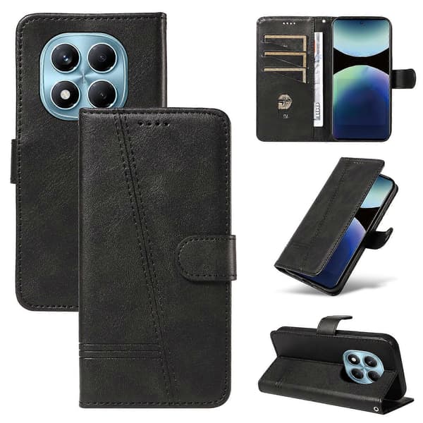 Plånboksfodral för Xiaomi Redmi Note 14 Pro 4G, T-formade linjer Läder Telefonskydd Ställ Black