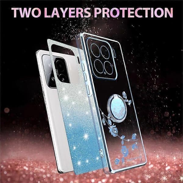 For Xiaomi 15 Deksel Ring Stativ TPU Blomster Telefon Deksel Gradient Glitter Blue