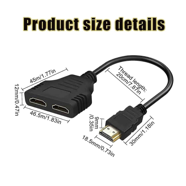 Splitter för dubbla bildskärmar, svart HDMI dubbeladapter, HDMI splitter 1 in 2 ut, perfekt för HDMI HD, led, lcd, tv, stöder två tv-apparater samtidigt, S
