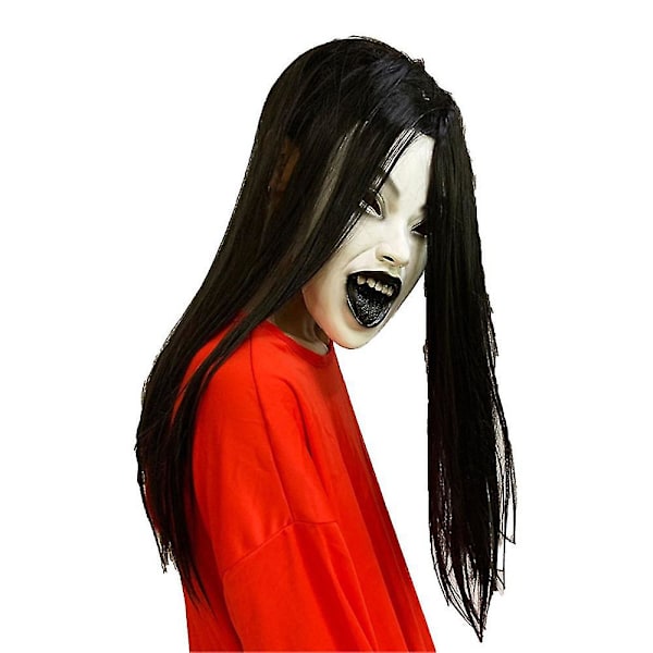 Halloween-fest rekvisitter kvindelig spøgelses skræmmende maske med langt hår, horror masker, uhyggelig maske til sceneoptrædener, hjemsøgt hus