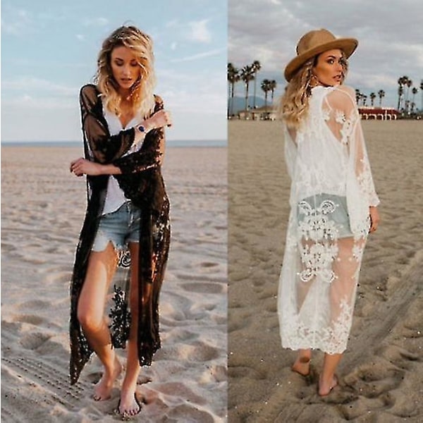 Blonde cardigan for kvinner Heklet Sheer Beach Cover Ups Lang Kimono white