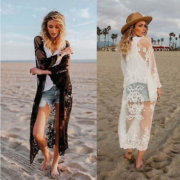Kvinders blondecardigan Blomsterhæklet Sheer Beach Cover Ups Lang Kimono black