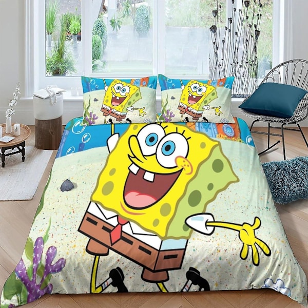 HOUKIG Spongebob Täckeöverdrag 3D-tryck Animefigurer Täckeöverdrag för Tonåringar och Vuxna Quiltöverdrag med Kuddfodral med Blixtlås Stängning Mjuk Mi Single135x200cm