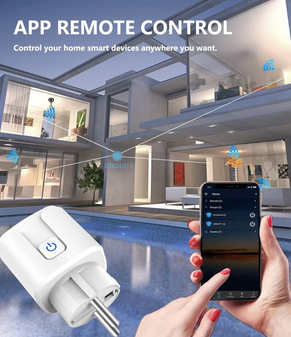 Smartplugg 16A, 3680W Smartplugg Fjernkontroll med Stemmestyring, Smart Intelligent Plugg med Strømforbruk