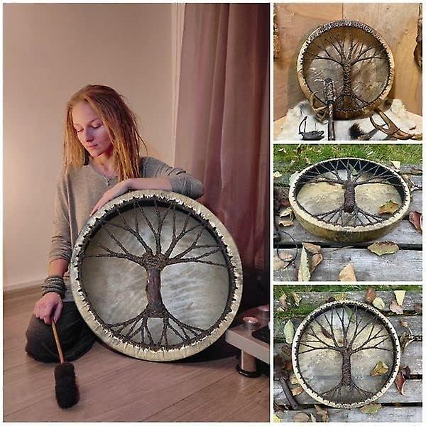Shaman Drum, Tree Of Life Decoration Design, Handgjord Shamanic Drum, Symbol Of The Siberian Drum Spirit Music,läder + trä