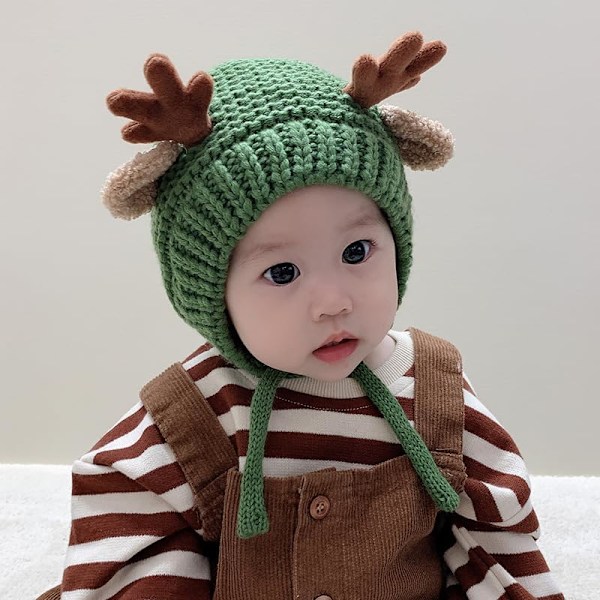 Søt Hjorte-Elg Hodeplagg Babyhatt Vinter Varmt Plysj Strikket Ørevarmer Bonnet Gutter Jenter Caps Beanie med Hakestropp Green One Size