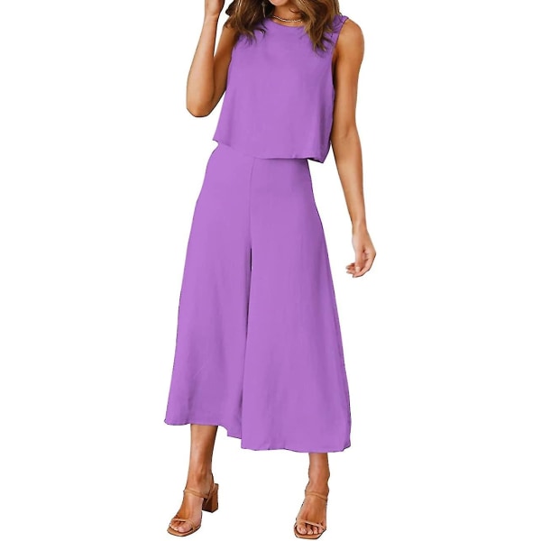 Roylamp sommerantrekk for kvinner i 2 deler Rundhalset Crop Basic Topp Beskåret buksesett med brede ben, Jumpsuits Lavender X-Small