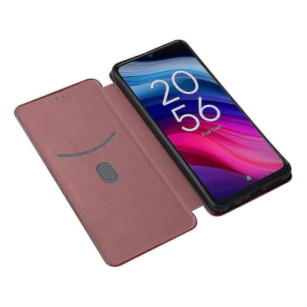För TCL 505 Mobilskal Kolfibertextur Läder Magnetisk Stängning - WK Brown