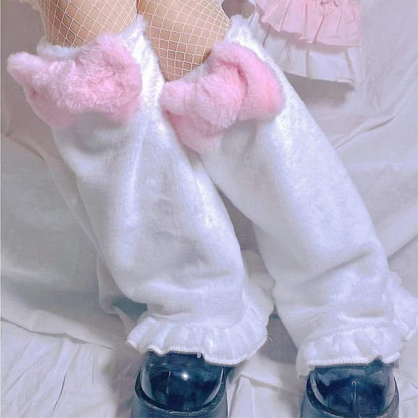 Kvinder Kawaii Pink sløjfe benvarmer sokker Lolita Harajuku Fuzzy Fluffy Plys