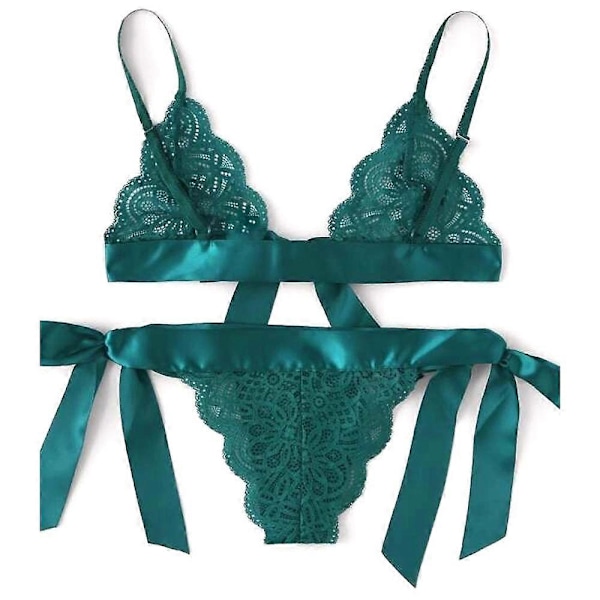 Naisten Pitsi-Alusvaatesetti Seksikäs Yöasu Uniasu Rintaliivi + G-String Alusvaatteet Dark Green 2XL