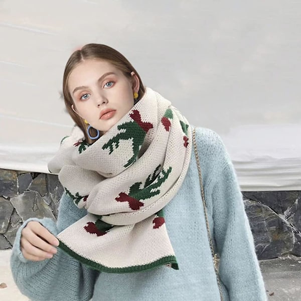 Juleelg-skjerf for kvinner, søtt julehjorte-skjerf, tykt og varmt strikket skjerf i ull BEIGE