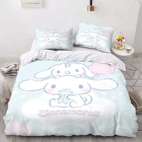 EKENOZ Cinnamoroll Dynebetrækssæt Sød Hund Sengetøjssæt 3D Mikrofiber Polyester Dynebetræk med Pude, 3 Dele Sæt, Lynlås Dynebetræk Dobbelt King220x240cm