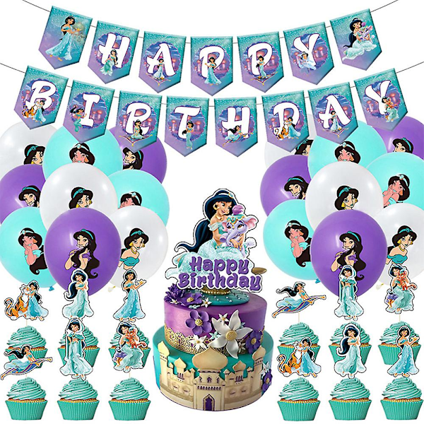 Prinsessan Jasmintema födelsedagsfestdekoration inkluderar banderoll, topper, ballonger, tårtcupcake toppers set för jasminälskare