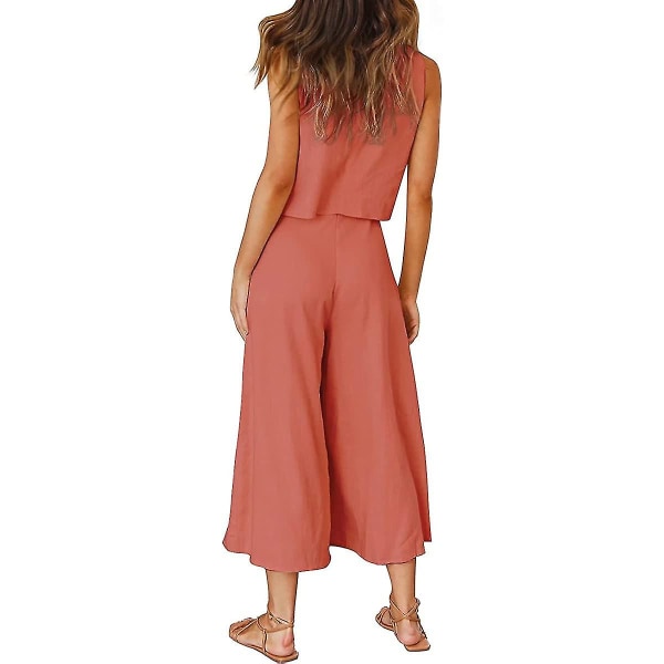 Roylamp Sommer-outfits til kvinder i 2 dele Rundhalset Crop Basic Top Beskåret Bukser med brede ben, Jumpsuits Orange Medium