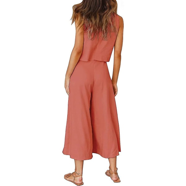 Roylamp sommerantrekk for kvinner i 2 deler Rundhalset Crop Basic Topp Beskåret buksesett med brede ben, Jumpsuits Orange Medium