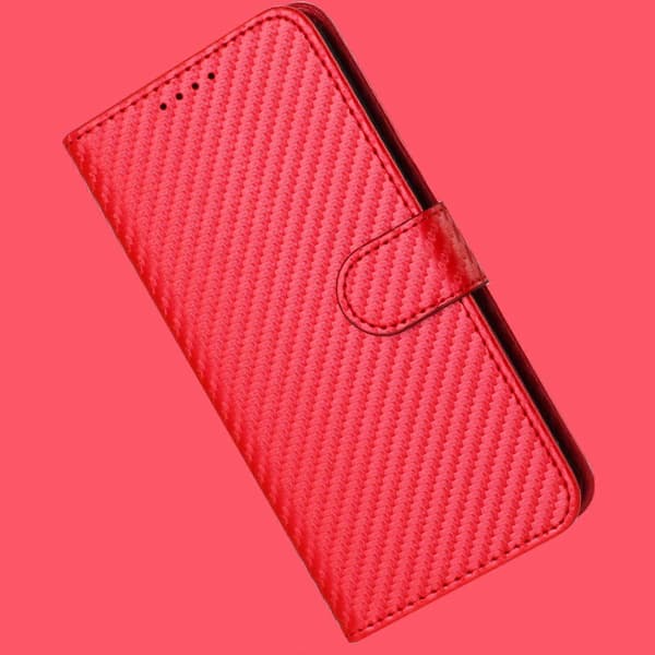 Plånboksfodral för iPhone 16 Plus med rem, kolfibertextur läder mobilskal Red