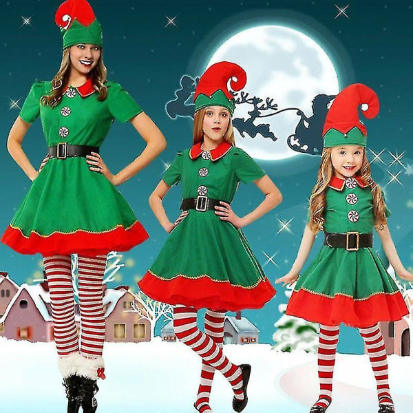 Familiematchende Barn Voksen Jul Elf Fancy Dress Xmas Cosplay Kostyme-160cm-kvinner