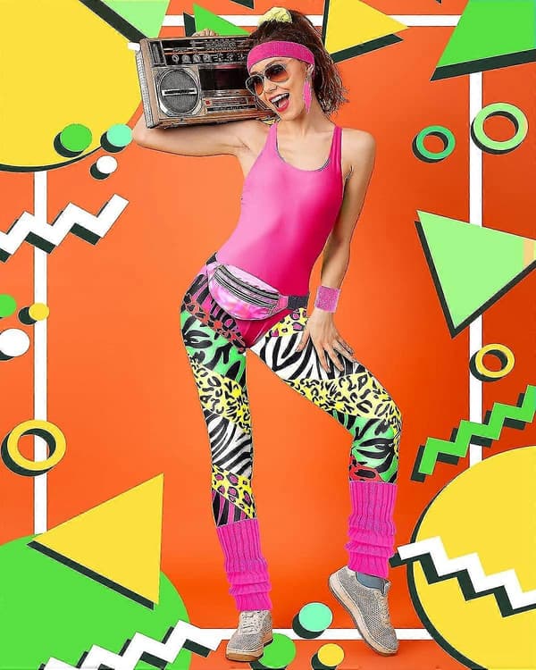 7 stk. 80'er-kostume 80'er-tilbehørssæt 80'er 90'er Leotard Legging Håndled Ben S Øreringe Bæltetaske Zebra Print Medium