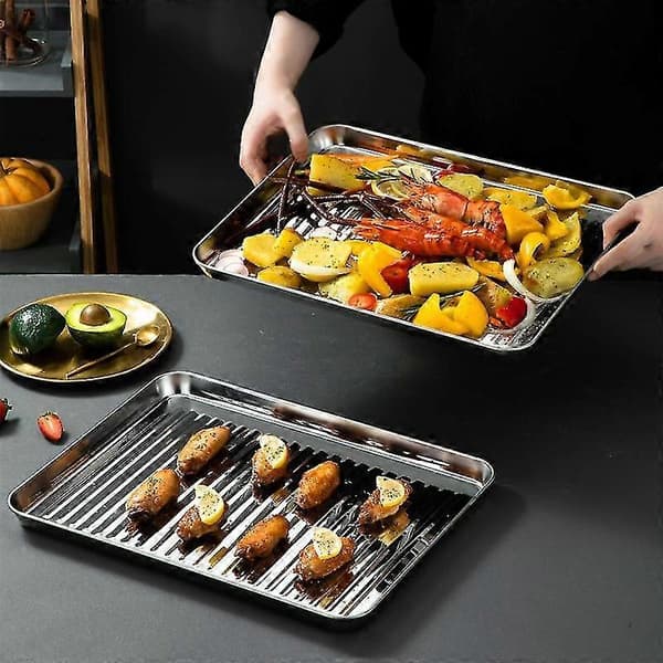 Bageplade i rustfrit stål med rist, non-stick kraftig varmebestandig rektangulær bageplade til bagning, stegning, grillning