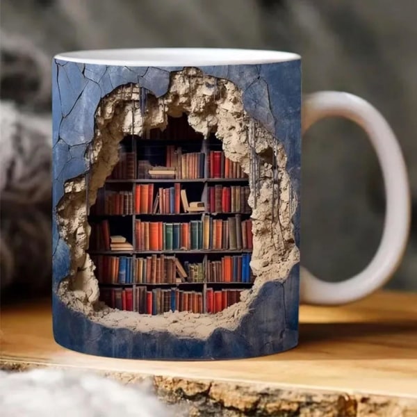 3d bogreolkrus - en bibliotekshyldekop, biblioteksbogreolkrus, bogelskere kaffekrus, kreativt rumdesign Multi-purpose keramisk krus, fede gaver