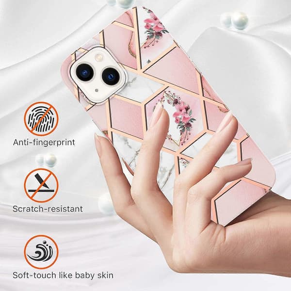 Elektroplettering Skjøting Marmor Blomstermønster TPU Støtsikkert Deksel for iPhone 14 Plus Pink Flower