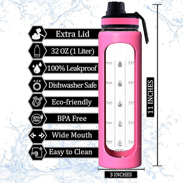 32 oz Glasvattenflaska med tidsmarkeringspåminnelse 1 liter Glasdricksflaska, BPA-fri, (rosa fodral)