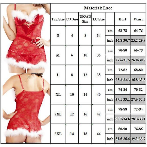 Naisten seksikkäät pitsiset joulualusvaatteet alusvaatteet Babydoll-mekko yöpukupuku M