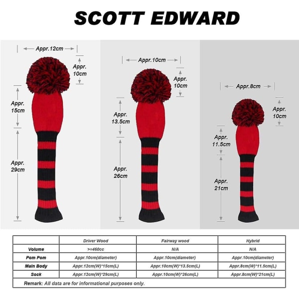 Golfin pääsuojat Woodsille, 3 set , sopii hyvin kuljettajalle (460cc) Fairway Wood ja Hybrid(ut) Täydellinen muutos golflaukkuun Black Red Big Stripes