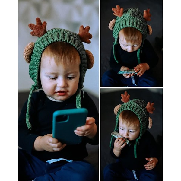Sød Hjorte-Elg Gevir Baby Hat Vinter Varmt Plys Strikket Ørevarmer Bonnet Drenge Piger Kasket Beanie med Hakesnor Green One Size