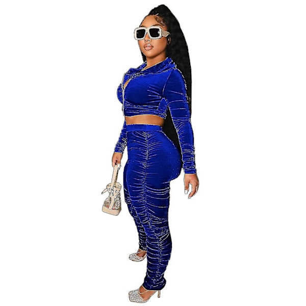 Dam Velvet Tracksuit Set Sexig 2-delad Outfit med Dragkedja och Huva Blue M