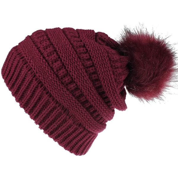Fasjonable retro hodeplagg dame ensfarget ullball strikket lue Wine red