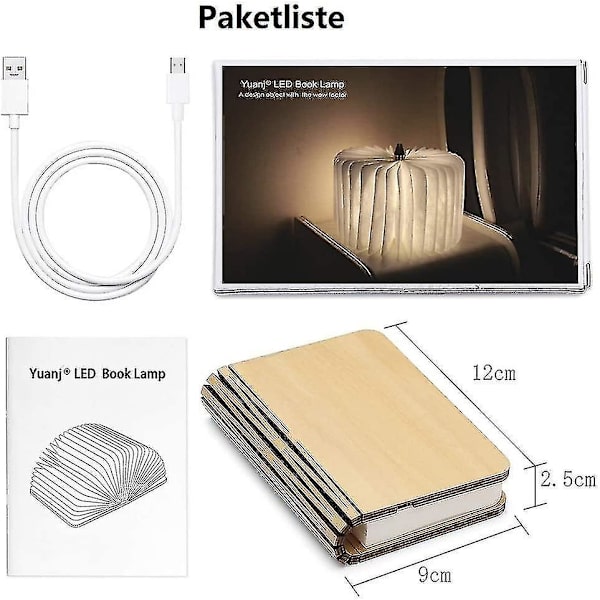 Sammenleggbar treboklampe, magnetiske LED-boklamper, dekorative lys/nattlys, oppladbar USB-bordlampe, ideell gave til kvinner/foreldre/barn (hvitt)