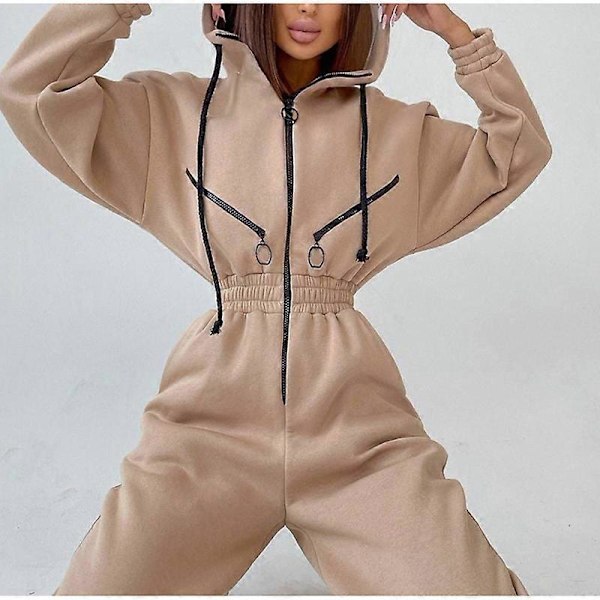 Dame Tracksuit Falsk Todelt Sæt Casual Lynlås Snøretrøje Dragt Mode Solid Løstsiddende Efterår Vinter Sweatshirt Sports Sæt Apricot XL