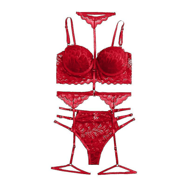 Sexig spets-strumplös lingerieset för kvinnor Red 2XL