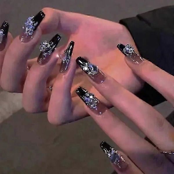 24 st Lösnaglar Fransk Gradient Balett Falska Naglar Tryck på Naglar Svart Hjärta Strass Design Glitter Full Täckning Nagelspetsar 1