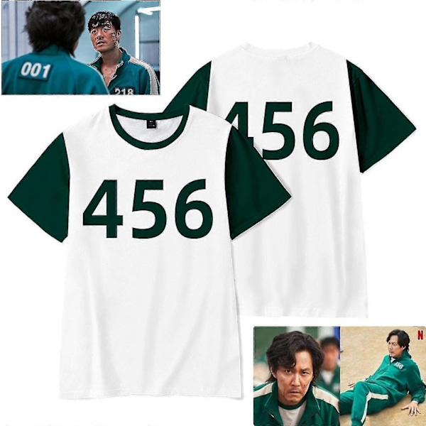 1 stk. Squid Game T-shirt Nummer 456 Runde Seks Kvinder Casual Rundhals Patchwork Trykt Korte Ærmer Top M